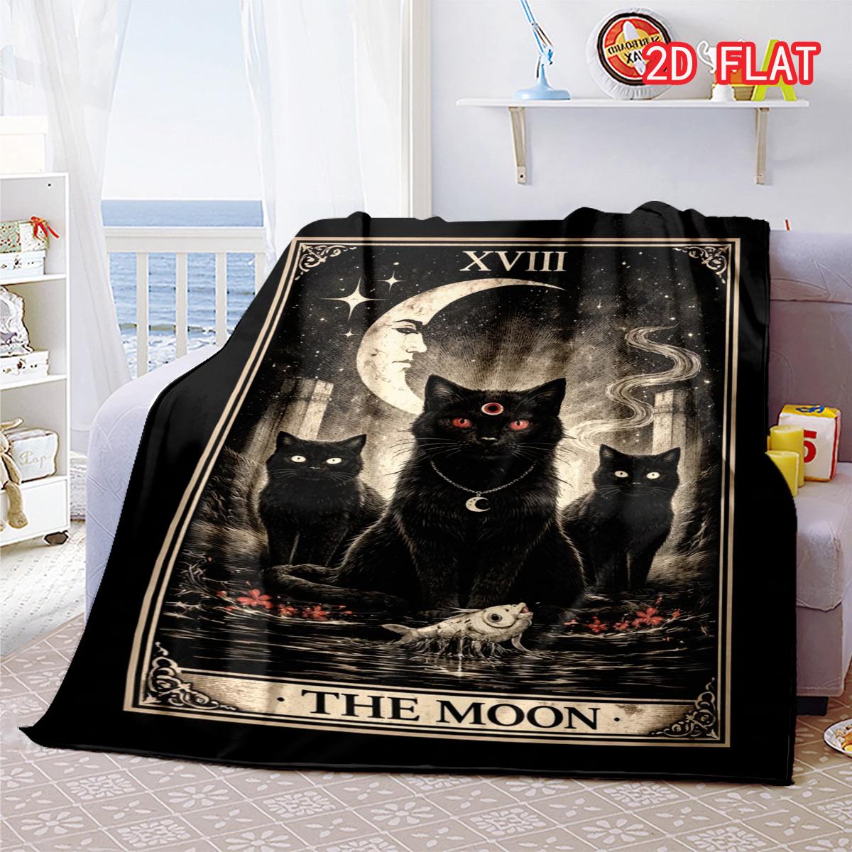 

Mystical Black Cat The Moon Tarot Flannel Blanket, Gothic Occult Design Cozy Throw 80cm x 120cm