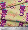 Soimoi Beige Japan Crepe Satin Fabric Text & Cat Kids Print Sewing Fabric metre 42 Inch