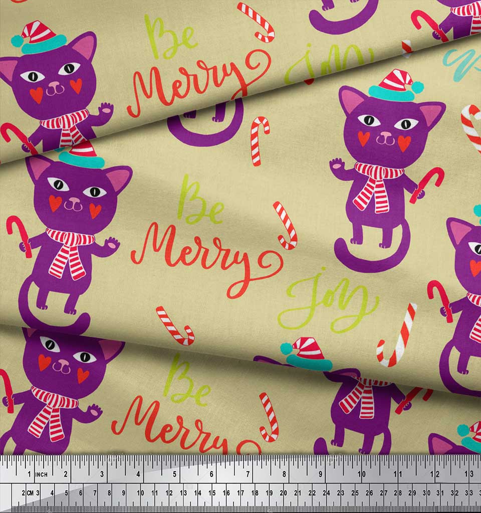 Soimoi Beige Japan Crepe Satin Fabric Text & Cat Kids Print Sewing Fabric metre 42 Inch
