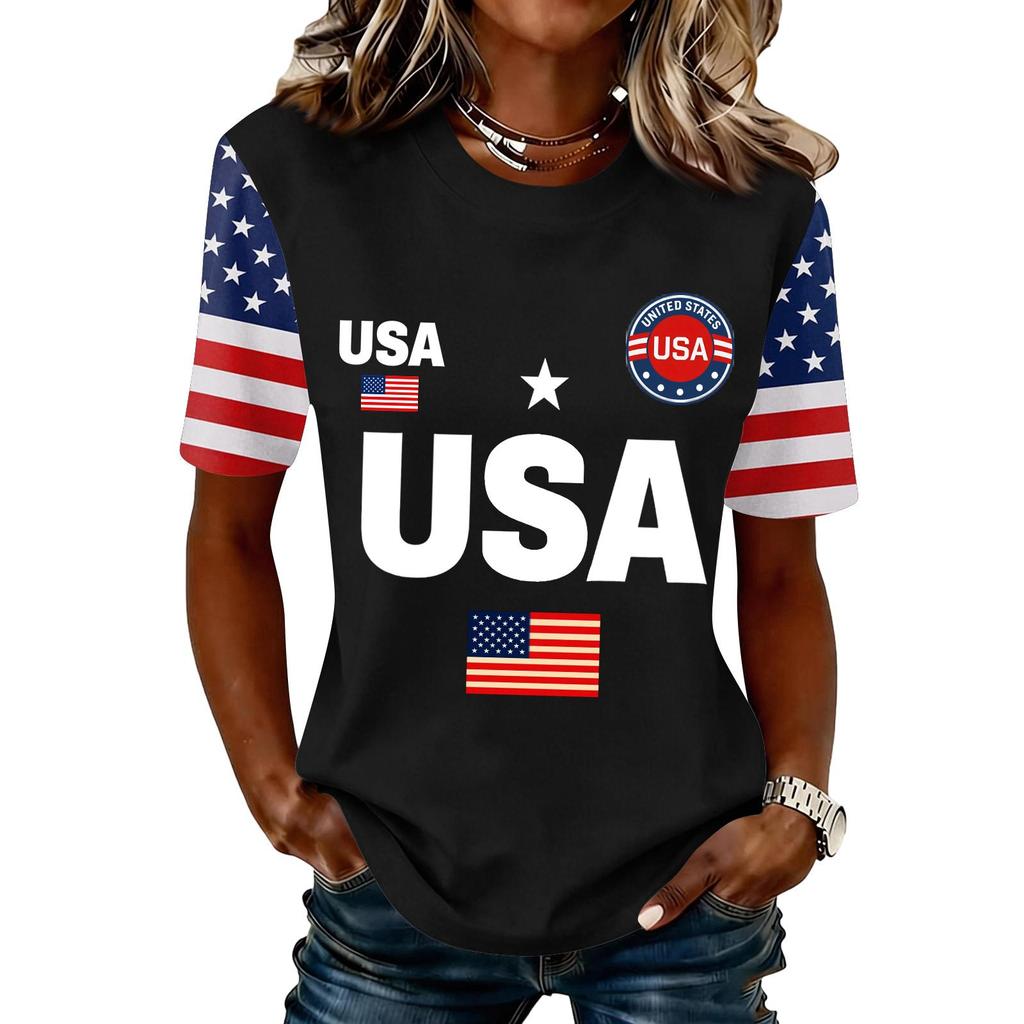 Blusa Feminina da Moda Casual de Manga Curta com Estampa e Gola Redonda