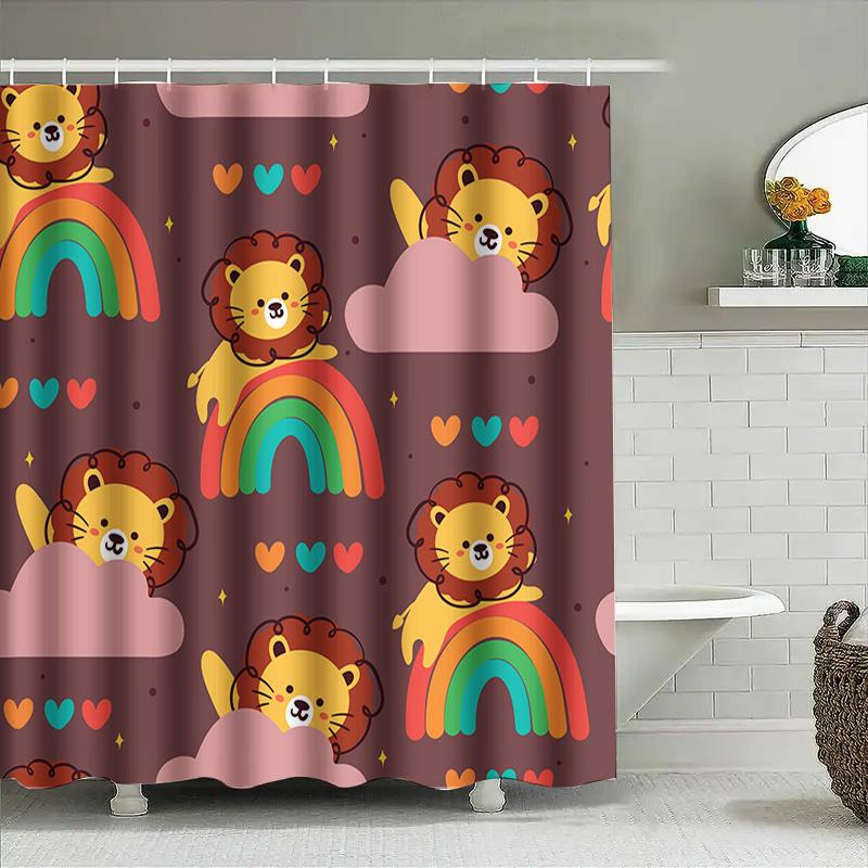 Animal Print Shower Curtains With Rainbow Design Cute Lion And Clouds Decor For Bathroom Made Of Waterproof Fabric Easy Hanging