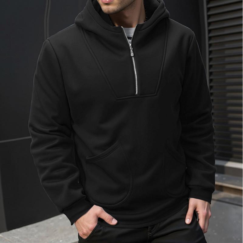 Men's Half Zipper Hooded Hoodies Solid Korean Sweatshirts Man Fashion Streetwear Hooded Sweatshirt Slanted Pocket Casual Hoodie