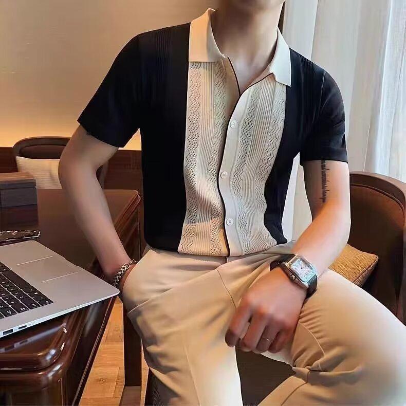 

Men s Yellow Short Sleeve Knit Shirt with White Collar, Button Front, and Wave Pattern Detail M чёрный