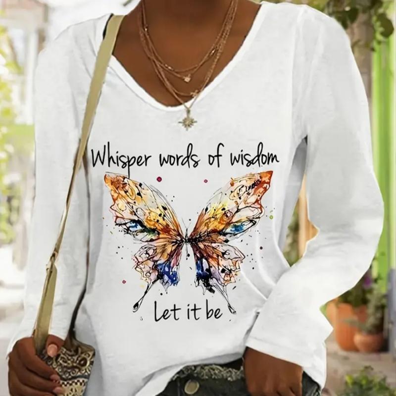 

Женские футболки с принтом «Золотая бабочка», женские топы, длинные рукава, V-образный вырез, пуловер, женские футболки, футболка для женщин XS белый