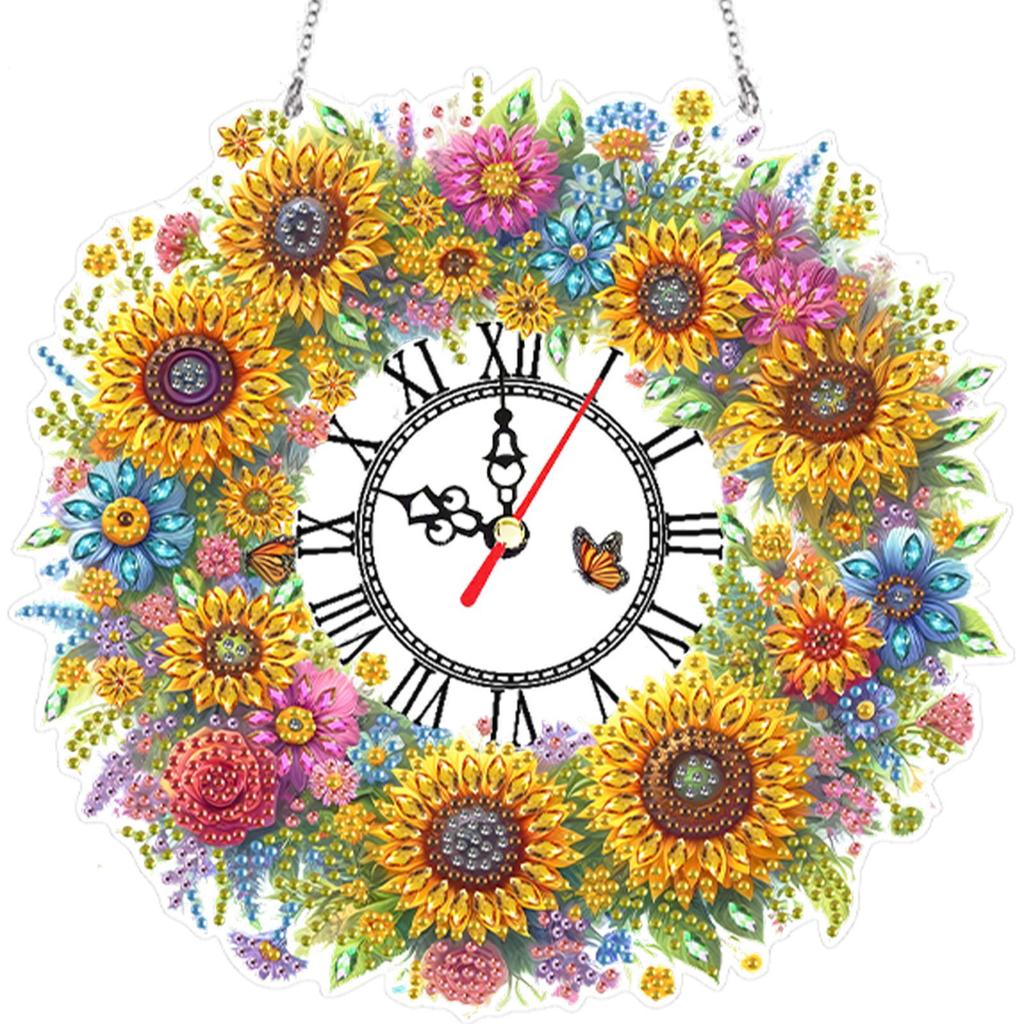 2D Flat DIY Wreath Irregular Shaped Drilling Diamond Painting Clock Pendant 5D Hanging Clock Art Craft for Home Decoration