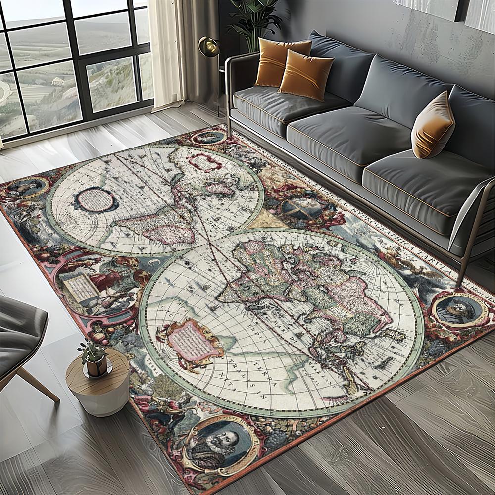 2025 New Style Retro Marine Nautical Chart Compass Carpet Rug for Home Living Room Bedroom Sofa Doormat Decor,Non-slip Floor Mat