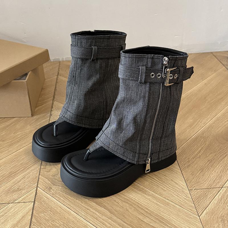 Niche designer jeans tube boots women's summer new thick-soled fashion buckle tooling boots handsome Martin boots