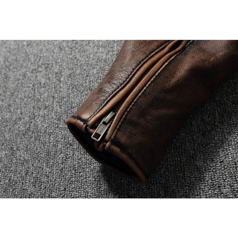 Chinese Size Vintage Yellow Brown Real Cowhide Genuine Leather Jacket Men Motorcycle Coat Mens Biker Clothes Spring Autumn Asian Size 6XL