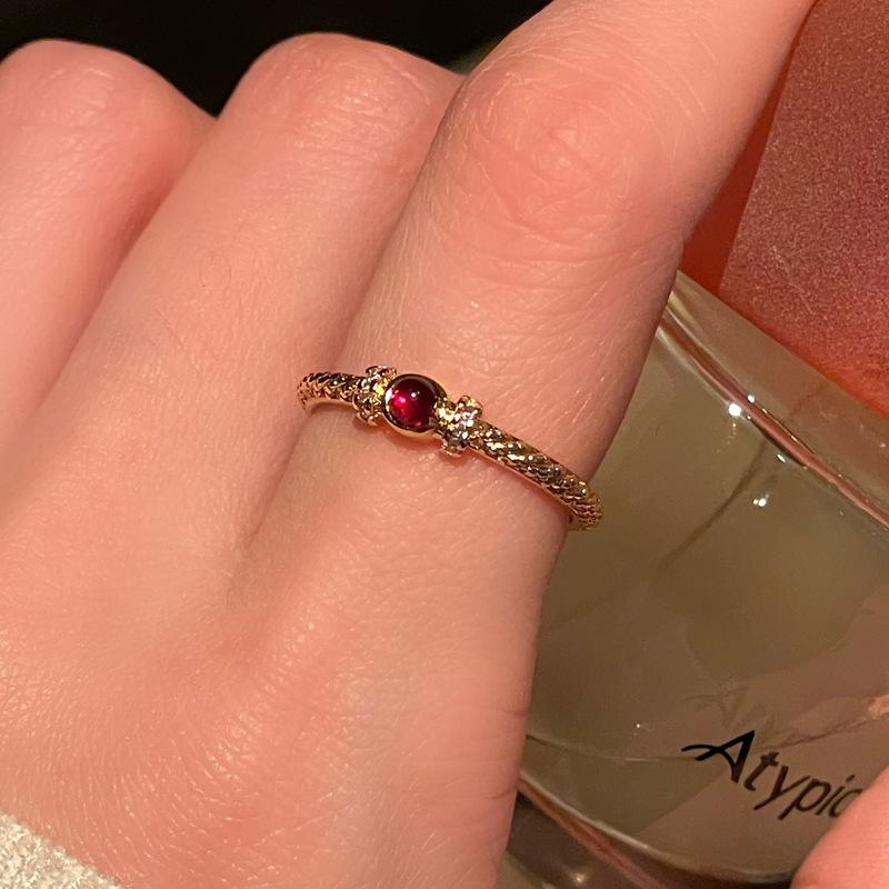 Medieval Retro Fashion Gold Open Ring Niche Red Zircon Personality Light Luxury High-End Accessories Women