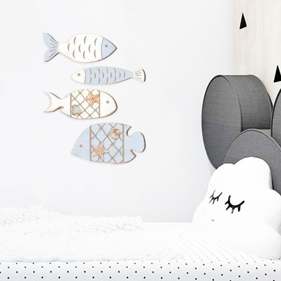 4 Pcs Wooden Fish Wall Decor Nautical Coastal Wood Fish Wall Art Rustic Hanging Beach Wall Sculpture for Lake House Home Bathroom Decor