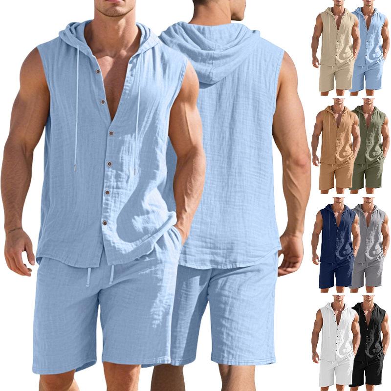 Men Shirt Shorts Two-piece Suit Hooded Sleeveless Shirt Adjustable Elastic Shorts Set Hiking Workout Summer Casual Outfit