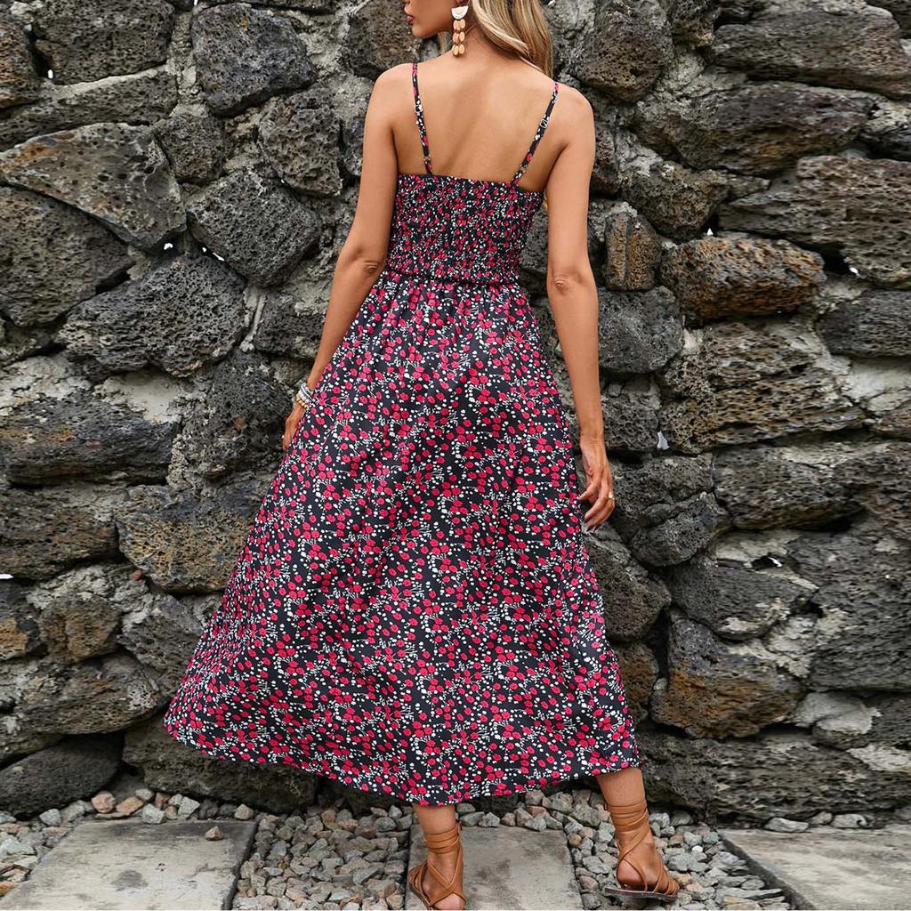 Women's Dresses Casual Elegant Floral Printed Strapless Stretch Belt V-Neck Dresses