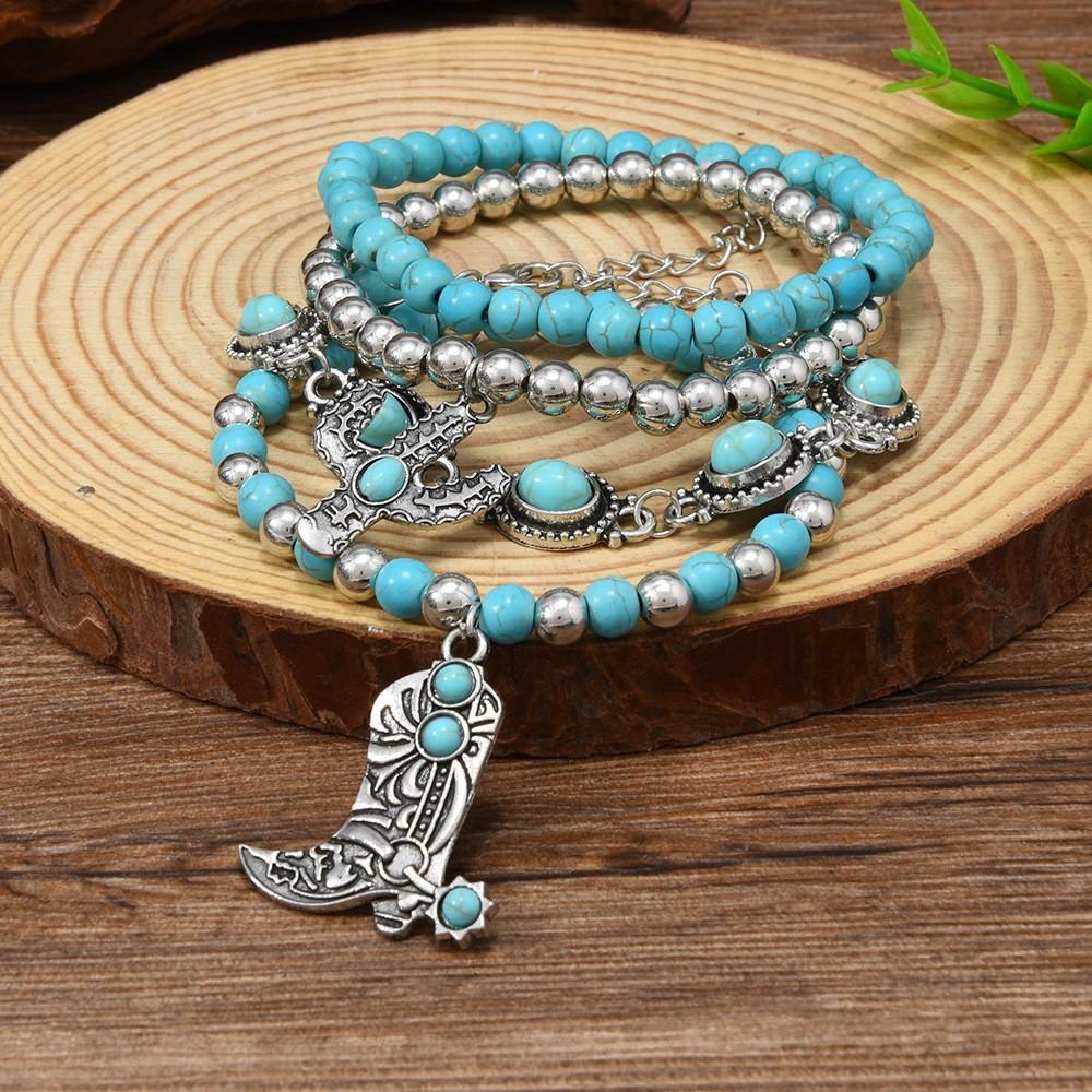 Türkis Schmuck, Damen Armbänder, Böhmische Türkis Retro Perlenarmbänder, Gestapeltes Set Armbänder.