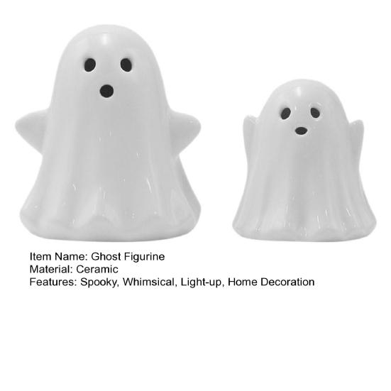 2 Pcs Ceramic Ghost Figurine Light-Up White Ghost Statue Small LED Ghost Halloween Tabletop Sculptures for Indoor Table Tray Shelf Bedroom Decor