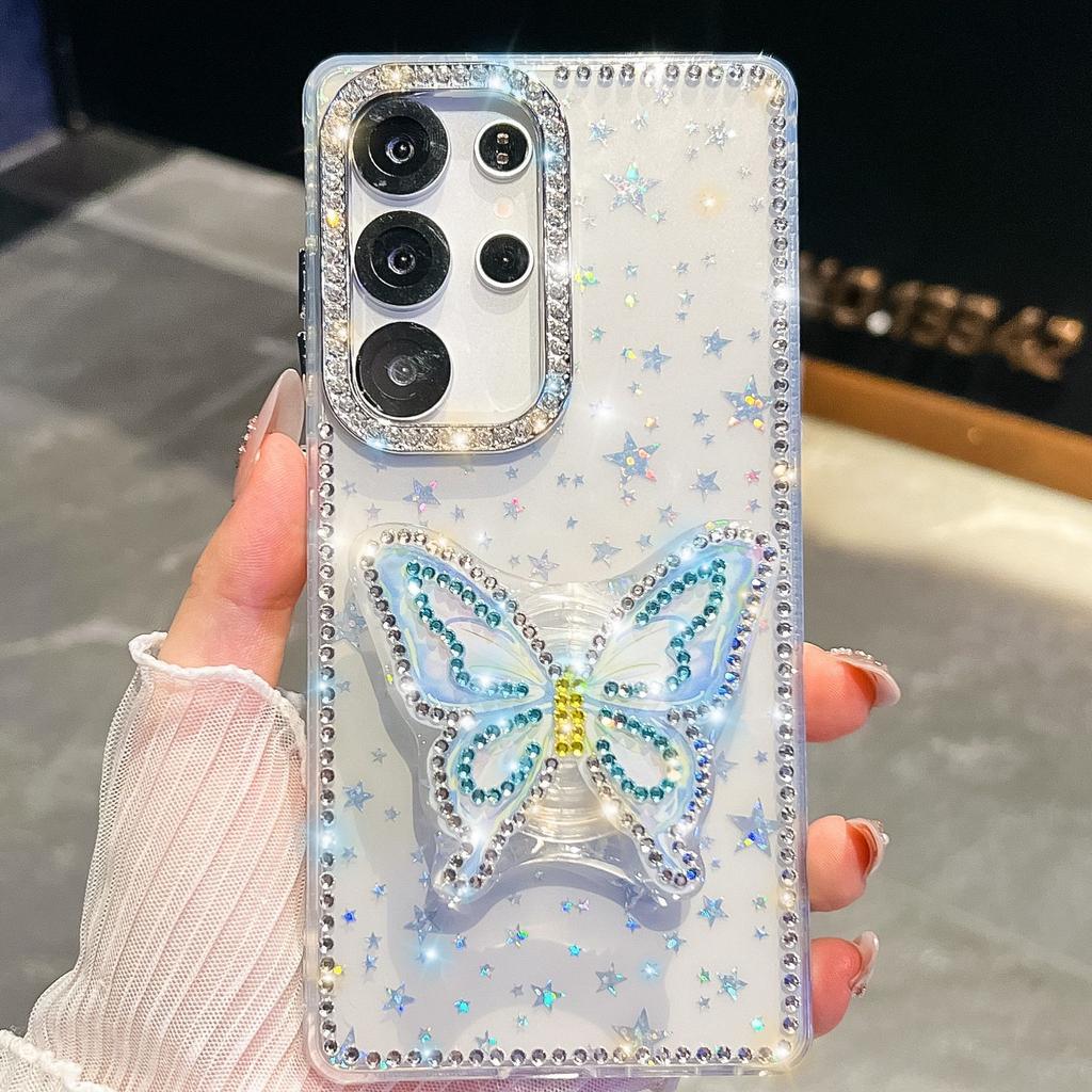 Butterfly Bracket Suitable for Samsung S25 Ultra Mobile Phone Case Flash Drill S24FE Flash Powder A56 Protective Case A17