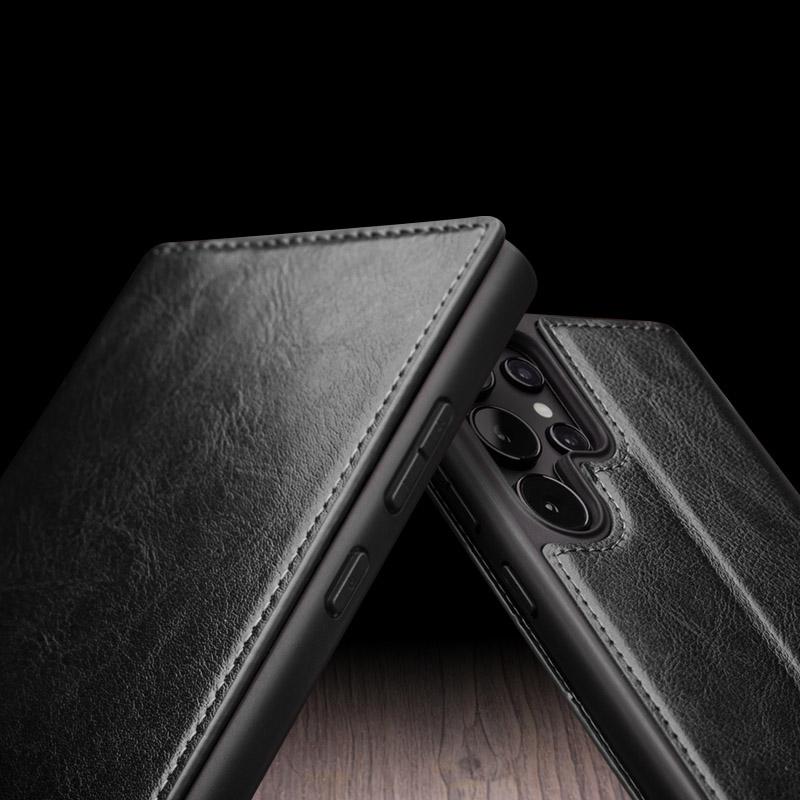 QIALINO For Samsung Galaxy S24 Ultra Wallet Case Genuine Cow Leather Folio Flip Cover