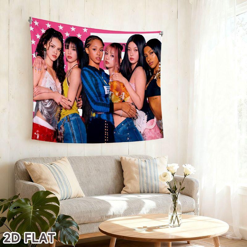 Pink and White Star Spangled Banner Girl Group Trendy Portrait Tapestry Background Hanging Fabric Y2K Room Decoration