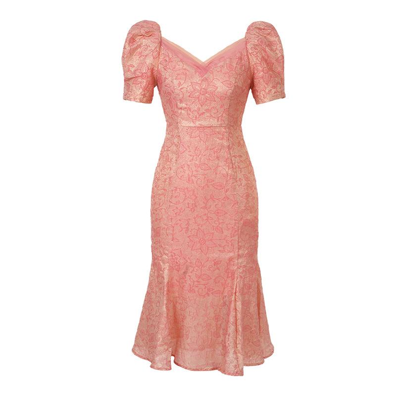 GMXIA Summer French V-neck Age-reducing Print Slim-fit Dress Sweet Temperament Waisted Fishtail Dress Women