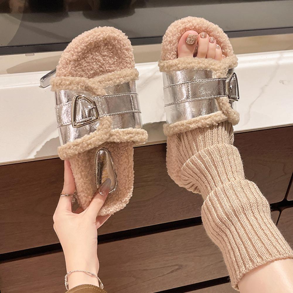 Fashion Autumn Winter Big Size Casual Cotton Slippers for Women Fashion Casual Korean Solid Color Buckle Fluffy Slipper Shoes Ladies