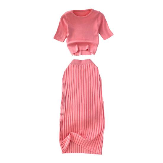 Women's Summer Skirt Set Short Sleeve Crew Neck Crop Top And High Waist Maxi Skirt Set Knitted Two Piece Outfit