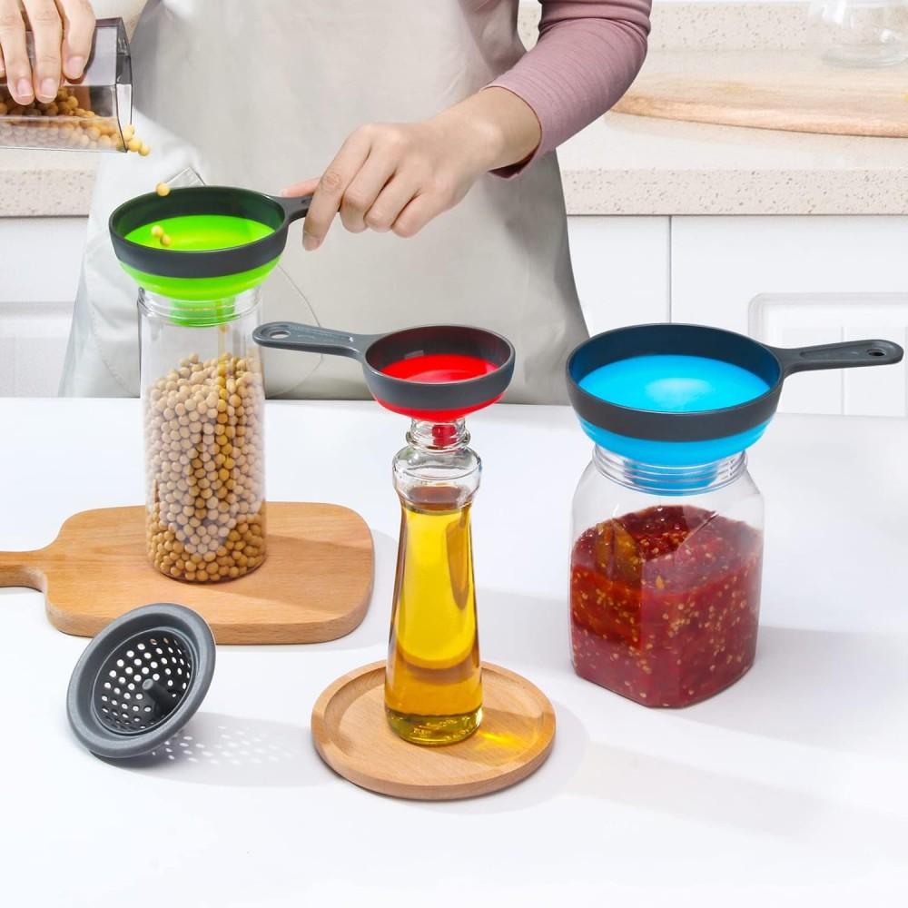3Pcs/set Telescopic Folding Funnel Set Wide Mouth Kitchen Canning Funnels for Filling Bottles Salt Oil Vinegar Transfer Rubber