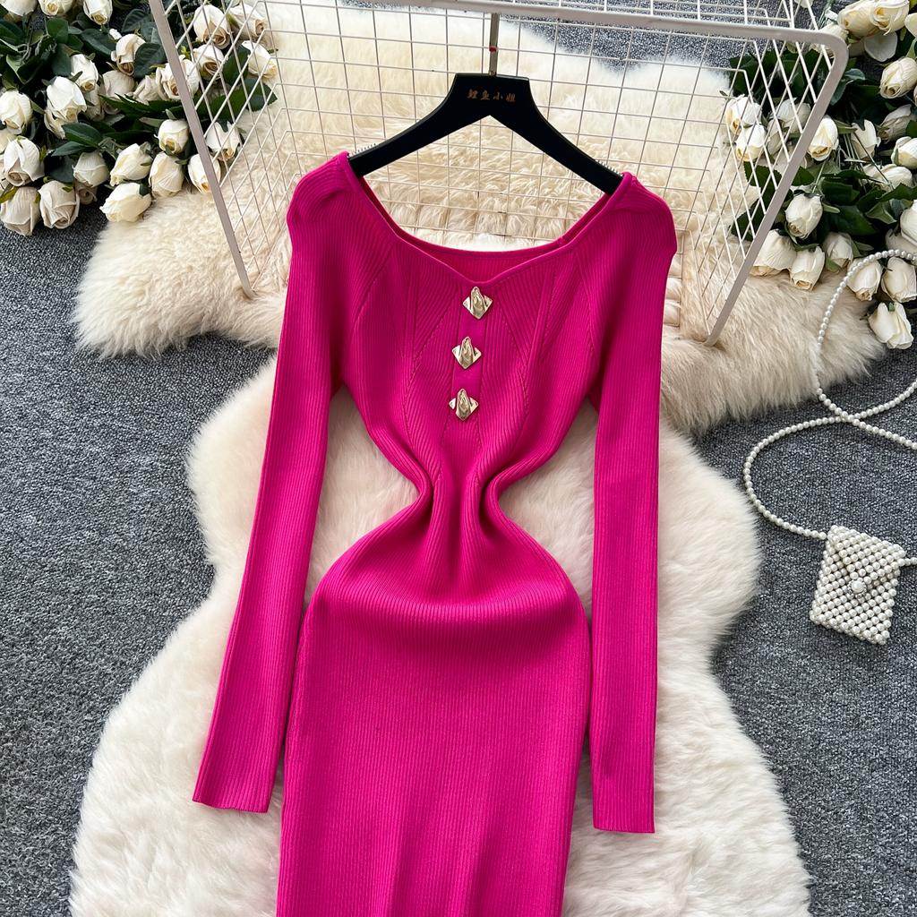 Autumn Spring Women Square Collar Full Sleeve Long Midi Knitted Sweater Office Work Slim Bodycon Pullover Dresses