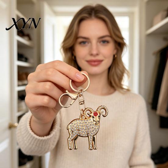 Rhinestone Goat Charm Golden Plated Keychain, Animal Shaped Zodiac Key Ring Metal Keyring Pendant, Handbags Backpack Decorative Accessories Pendant