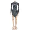 European and American Fashion Women's Solid Color Mesh Rhinestone Long Sleeve Mini Dress