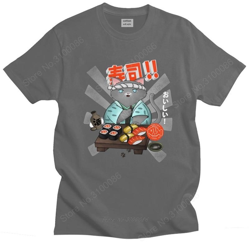 Trendy Unisexs Vintage Sushi Cat Tee Shirt Short Sleeved Cotton Tshirt Summer Cartoon Tshirt Japan Anime Tops Slim Fit Clothes