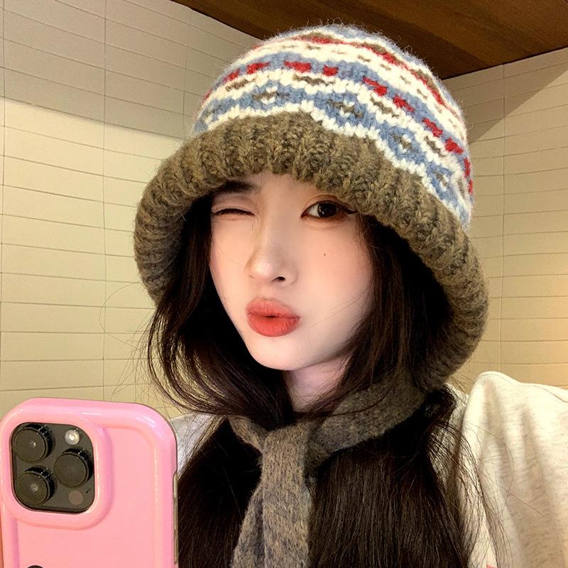 Autumn and Winter Knitted Hats Dual Use Bag Hats Retro Strappy Pile Hats Warm Woolen Hats Ethnic Style Hats for Women