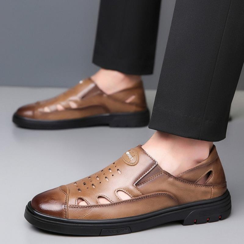 Large Size Sandals for Men Summer Breathable Hollow Out Sandals Luxury Cowhide Leather Sandals for Men Casual Business Sandalias