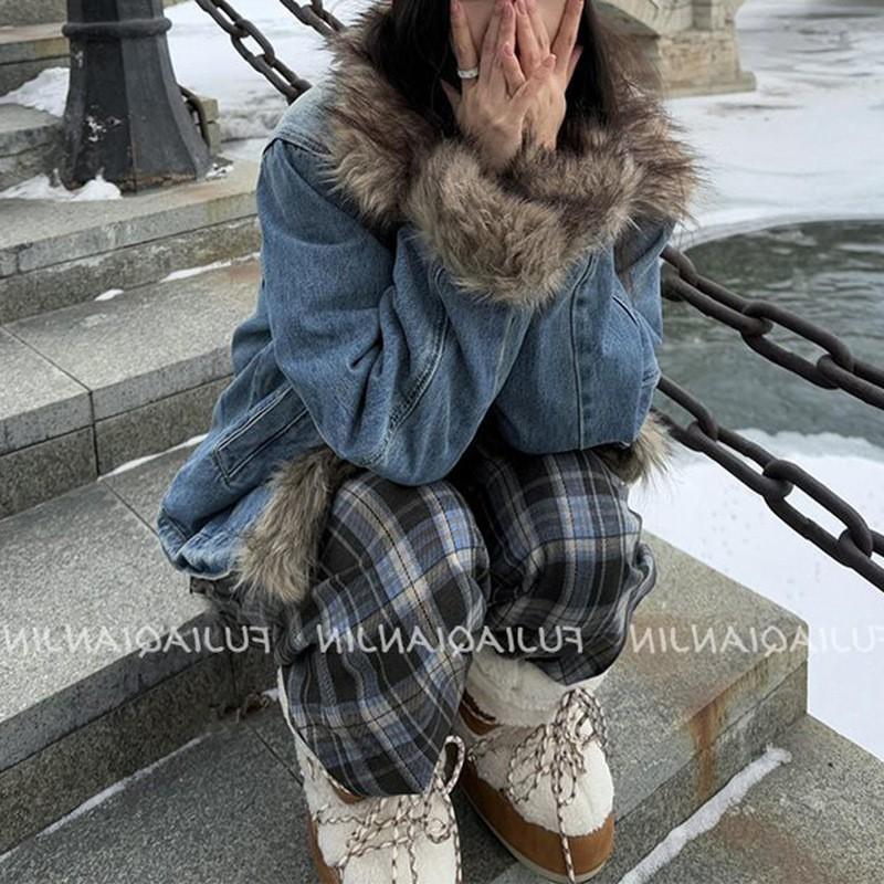Womens Fuzzy Denim Jacket Elegant Style Loose Fit Slimming Outerwear