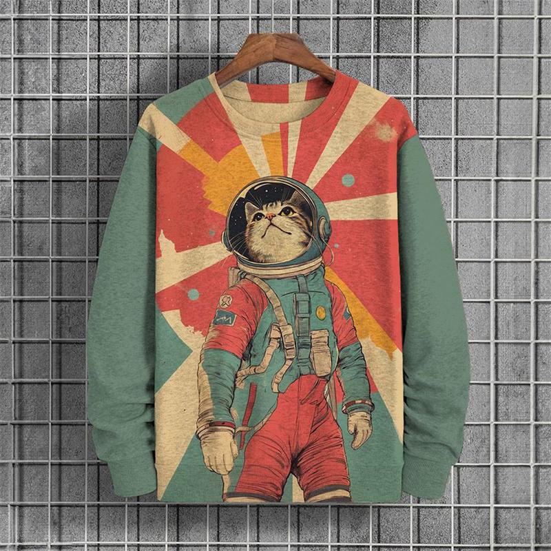 Japanese Pattern Sweatshirts For Women Space Cat 3D Printed Pullover Autumn Oversized O-Neck Hoodies Long Sleeves Clothing Tops