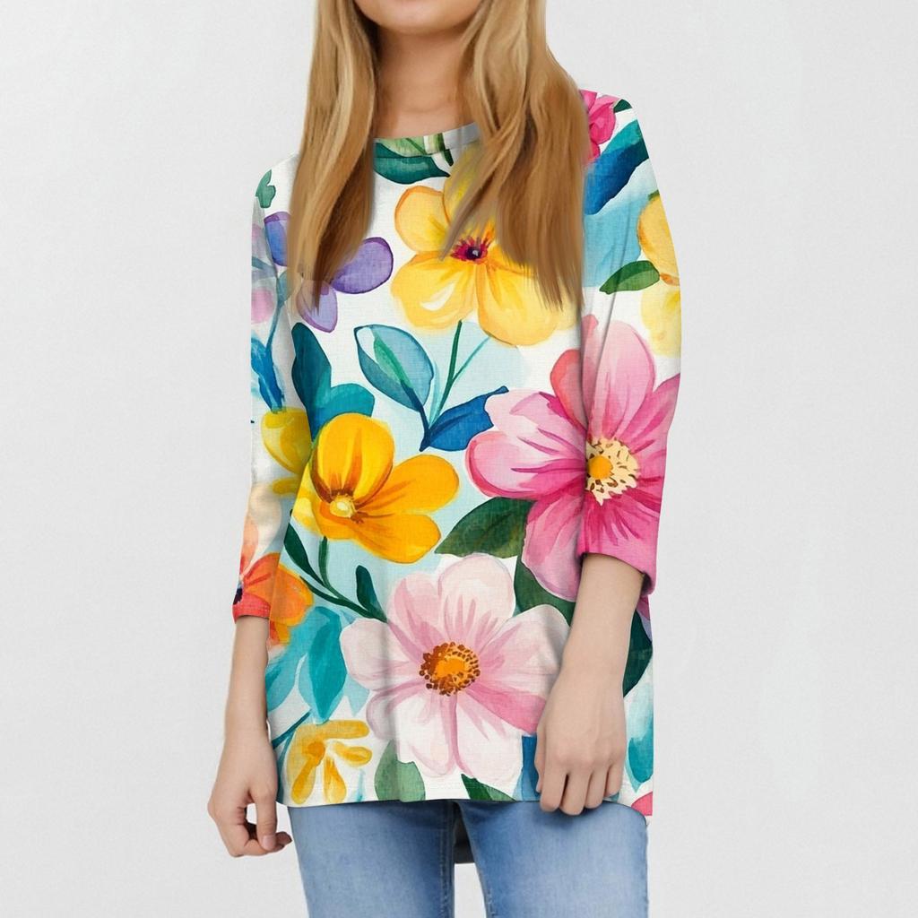 Women's Fashion Casual Round Neck 3/4 Sleeve Loose  Printed T-Shirt Ladies Top
