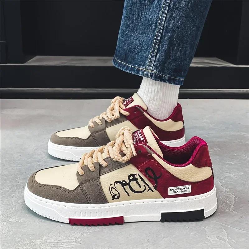 Flat Men Casual Shoes Printing Pattern Man Sneaker Vulcanized Tennis Shoes Student White Shoes New Weaving Lace-up Mens Trainers