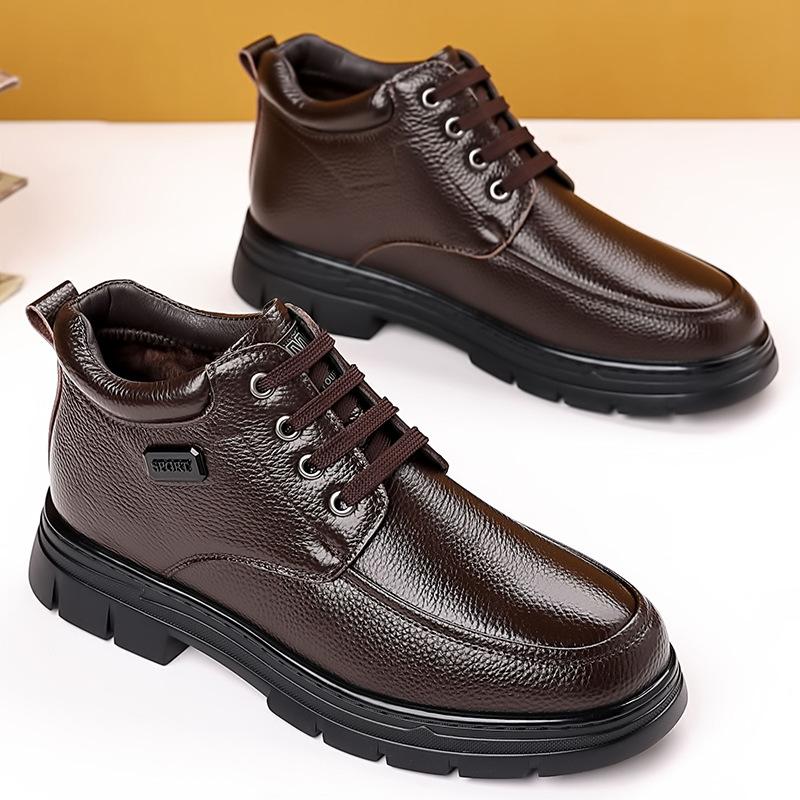 

Зимние новые кожаные мужские хлопковые кожаные туфли на шнуровке, кроссовки для папы, утепленные высокие хлопковые туфли, мужские хлопковые туфли из первого слоя коровьей кожи 44 коричневый