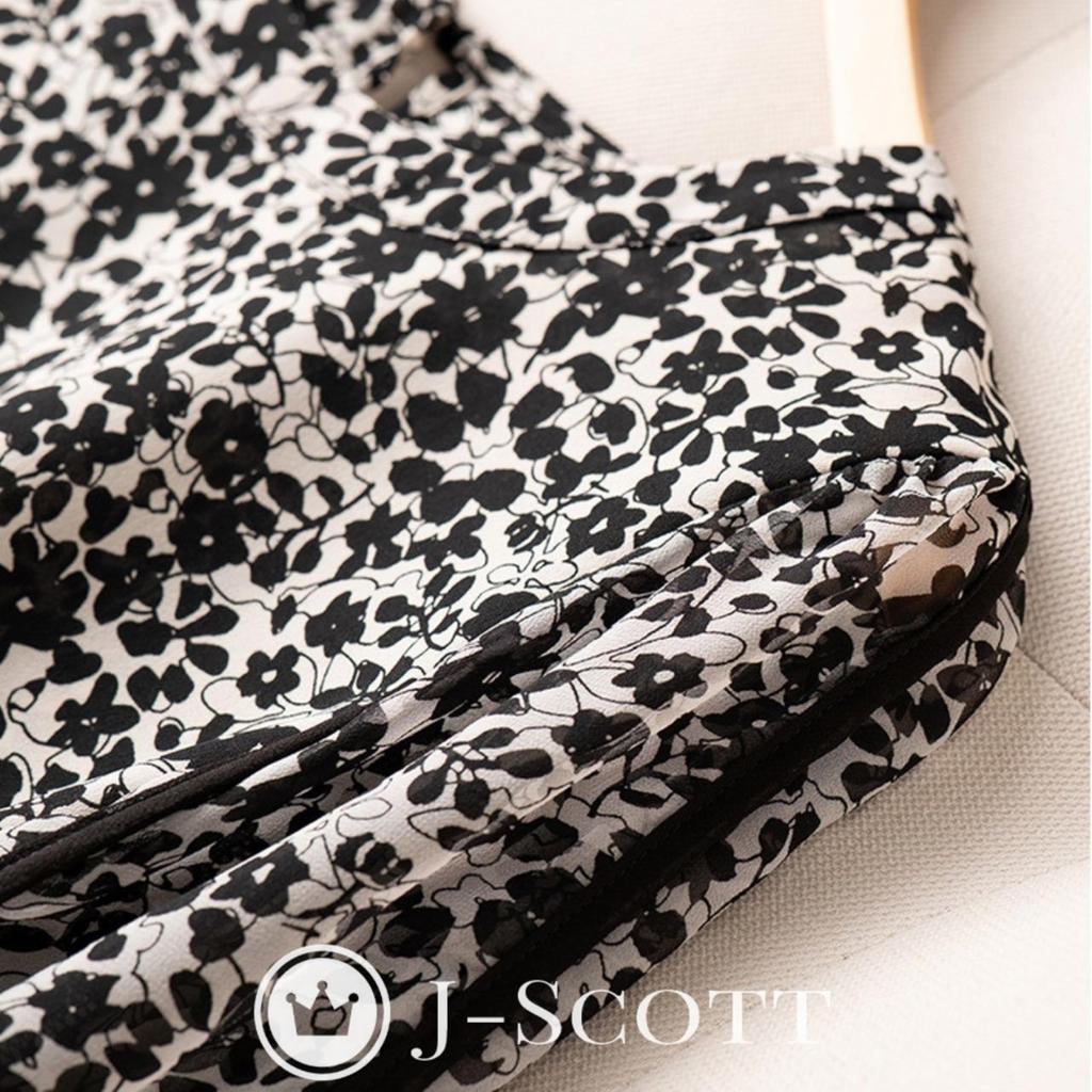 Botanical Pattern Chiffon Puff Upper Arm Floral Monotone Slender Spring Spring Easy Care 5 Class S Work Fall Fashionable Black [J-Scott] [Limited