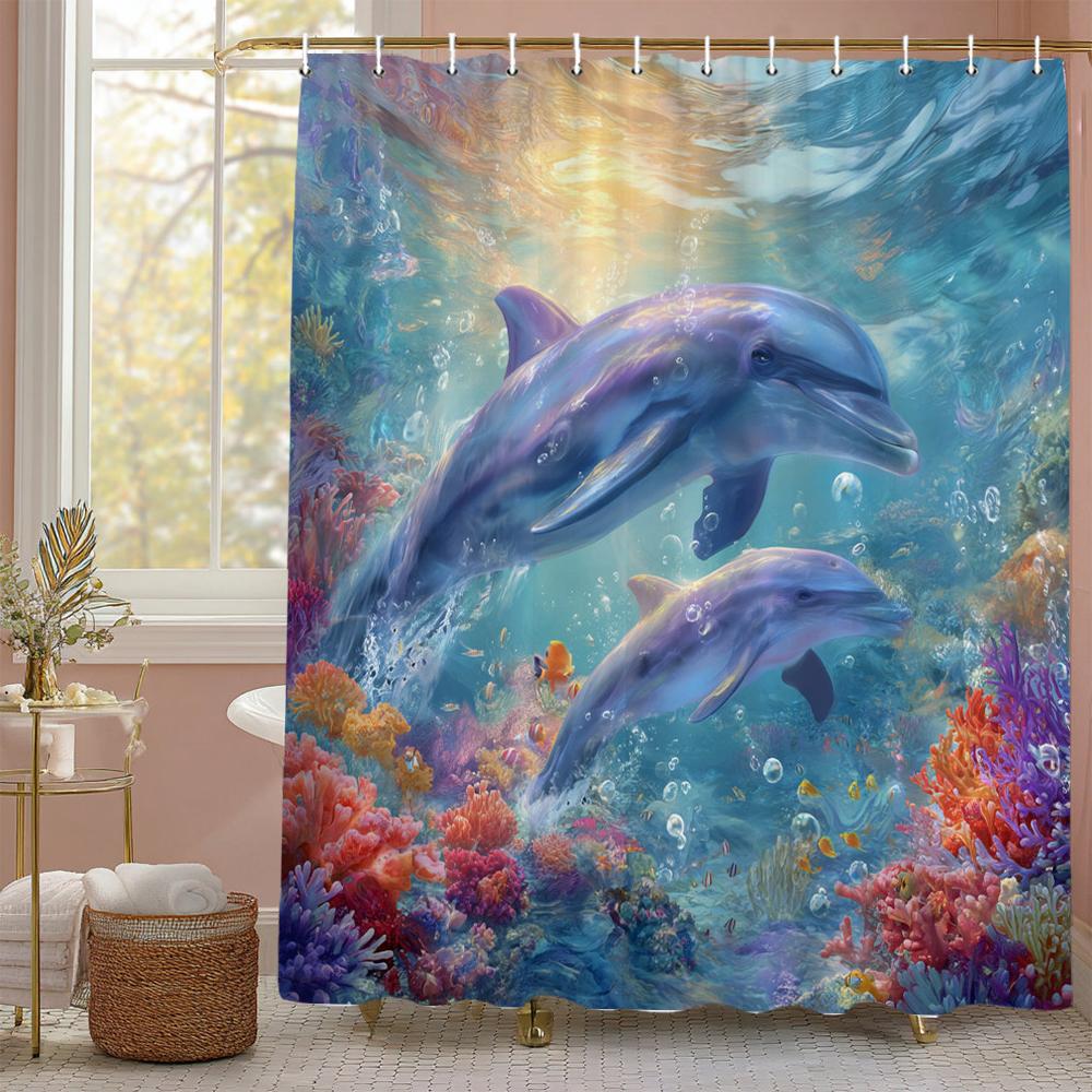 Underwater World Ocean Dolphin Sea Turtle Shower Curtain, Bathroom Decorative Shower Curtain, printing Shower Curtain with Hooks