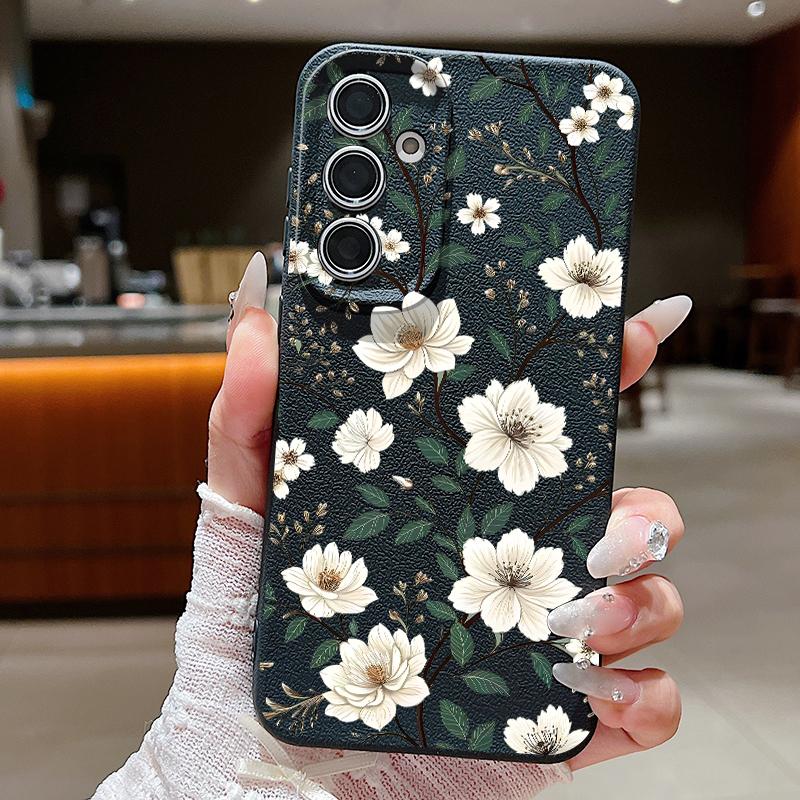 White Flowers Print Case For Samsung A18 A57 A37 A17 A56 A36 A26 A16 A55 A35 A25 A15 A54 S21 FE S22 S23 S24 Plus S25 S26 Ultra Silicone Cover
