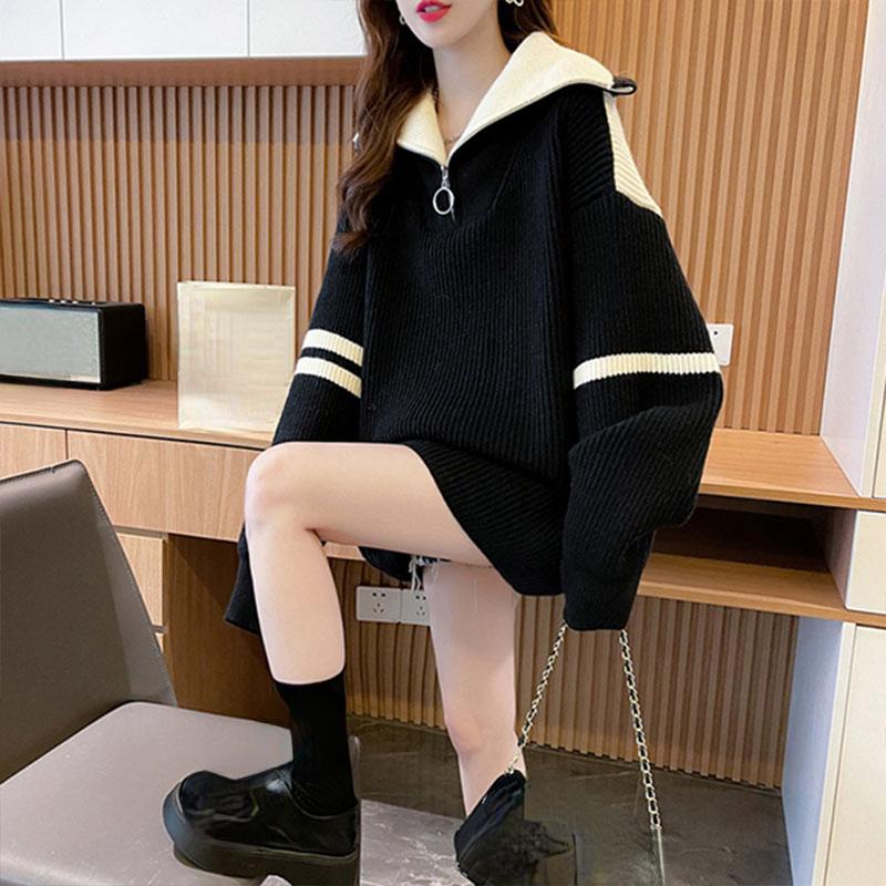 Sweaters Winter Autumn Oversize Women Zipper Pullover Full Sleeve Knitting Turtleneck Blue White Loose Sweater