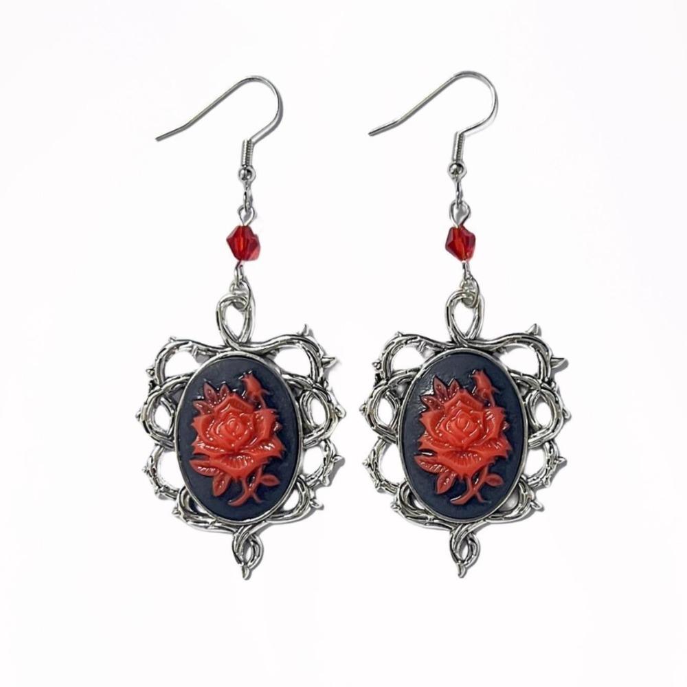 Gothic Silver Color Oval-shaped Thorny Frame Red Rose Flower Relief Dangle Earrings for Women Halloween Party Punk Jewelry Gifts
