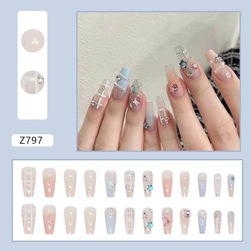 Süße Kleine Frische Stern Diamant Rouge Maniküre Flash French Niedlich Falscher Nagel Mädchen Maniküre