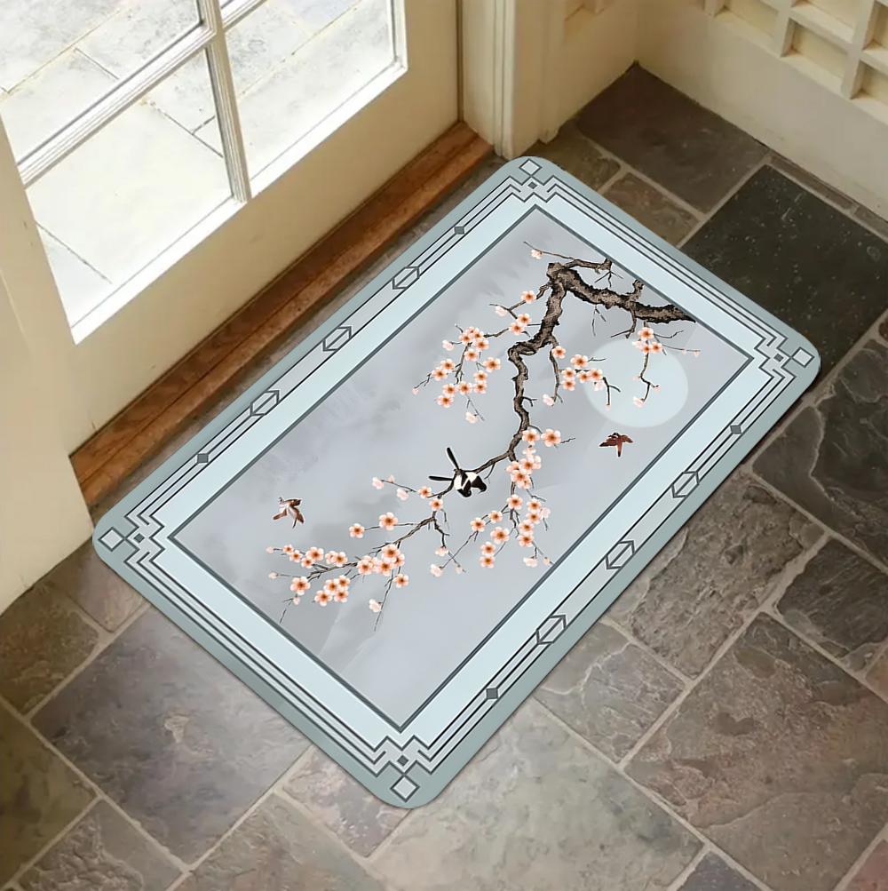 Spring Floral Pattern Door Mat Pink Cherry Blossom Pattern Welcome Rug with Soft Non-Slip Home Decor Carpet for Entryway