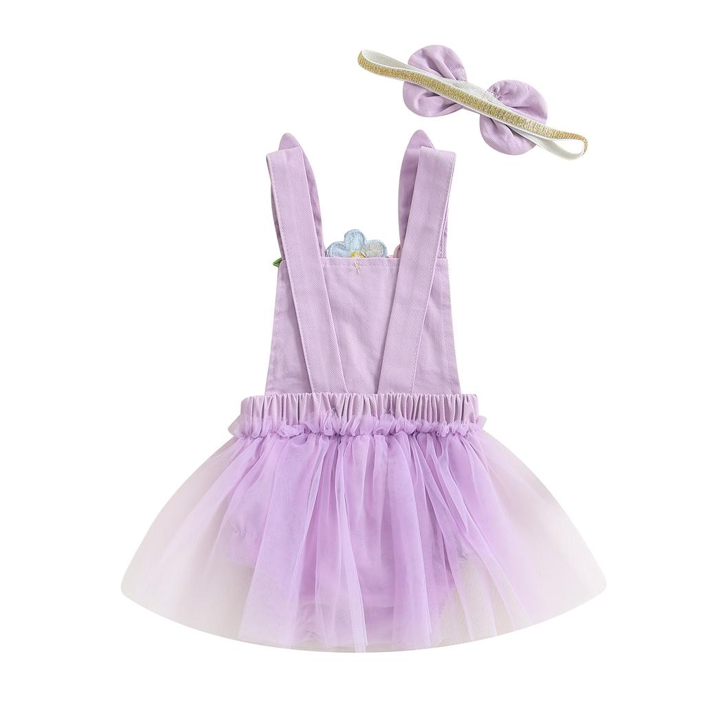 Baby Girl Summer Romper Rabbit Embroidery Square Neck Short Sleeveless Cute Fashion Bodysuit with Bow Headband