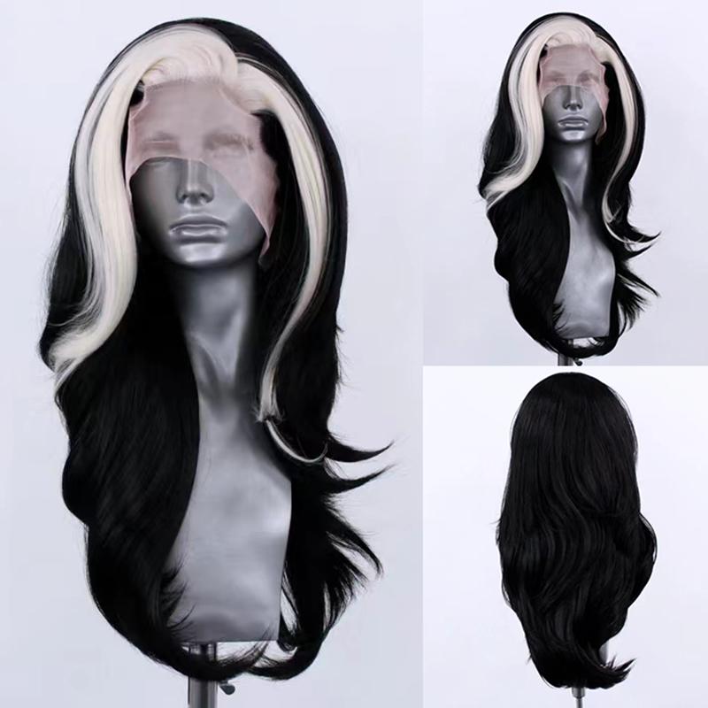 

AIMEYA Loose Curly Synthetic Lace Front Wig Black Wig with White Highlights Women s Wig Daily Use Halloween Cosplay Wig (as the picture,18inches)