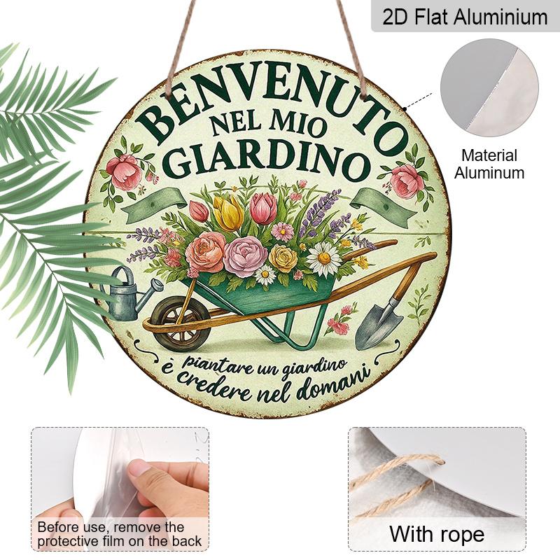 2D Flat, 1pc 7.87x7.87 Inch Round Italian Aluminum Sign, Vintage Decorative Plaque with "Welcome to My Garden" Design, Garden Theme, Suitable for