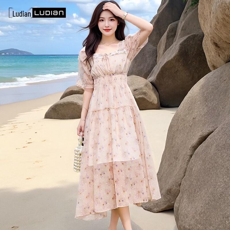 LUDIan Women s Princess Sleeve Polka Dot Print Square Neck Maxi Dress M