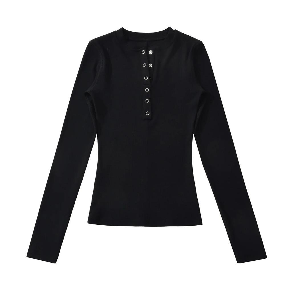 Women's Korean Style Henry Collar Long Sleeve Base Layer T-shirt for Autumn/Winter – Stylish, Stretchy, Basic Top