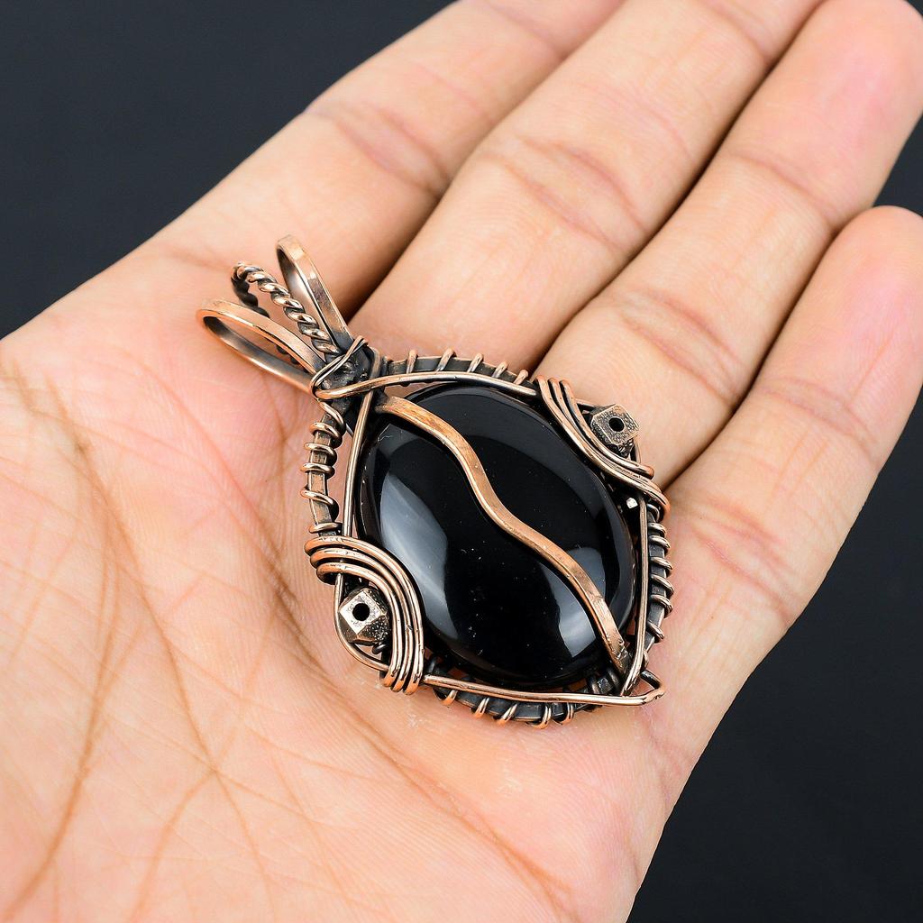 Bijoux en Onyx Noir, Pendentif Enveloppé de Fil de Cuivre 999 Fait Main Bijoux en Pierre Précieuse, Cadeaux Pour Femme Pendentif Tout Neuf