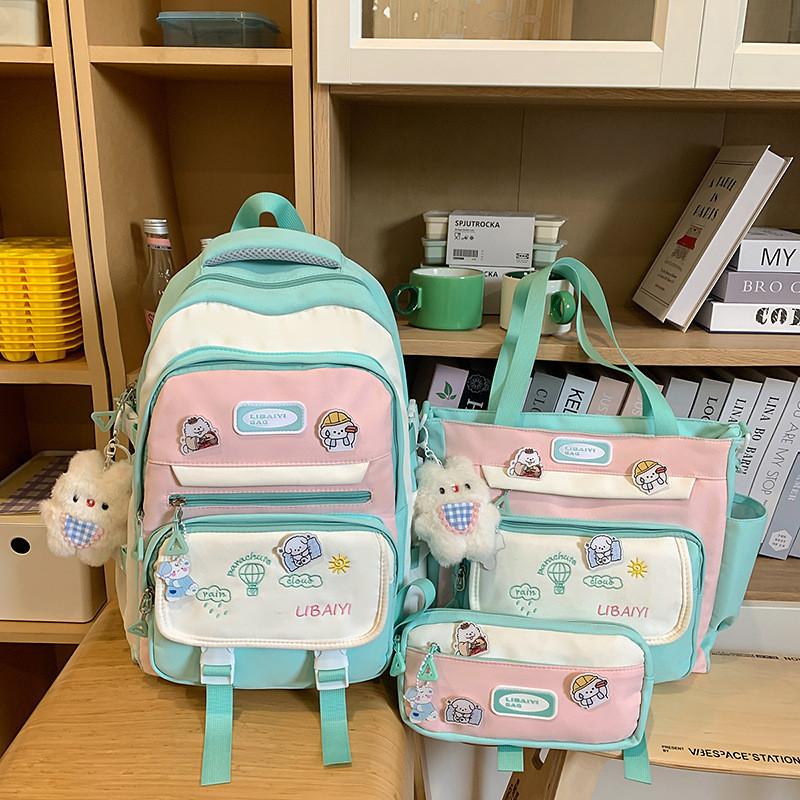 Color Blocked Embroidery Student Backpack Shoulder Bag Pencil Case Set For Casual Summer Wear